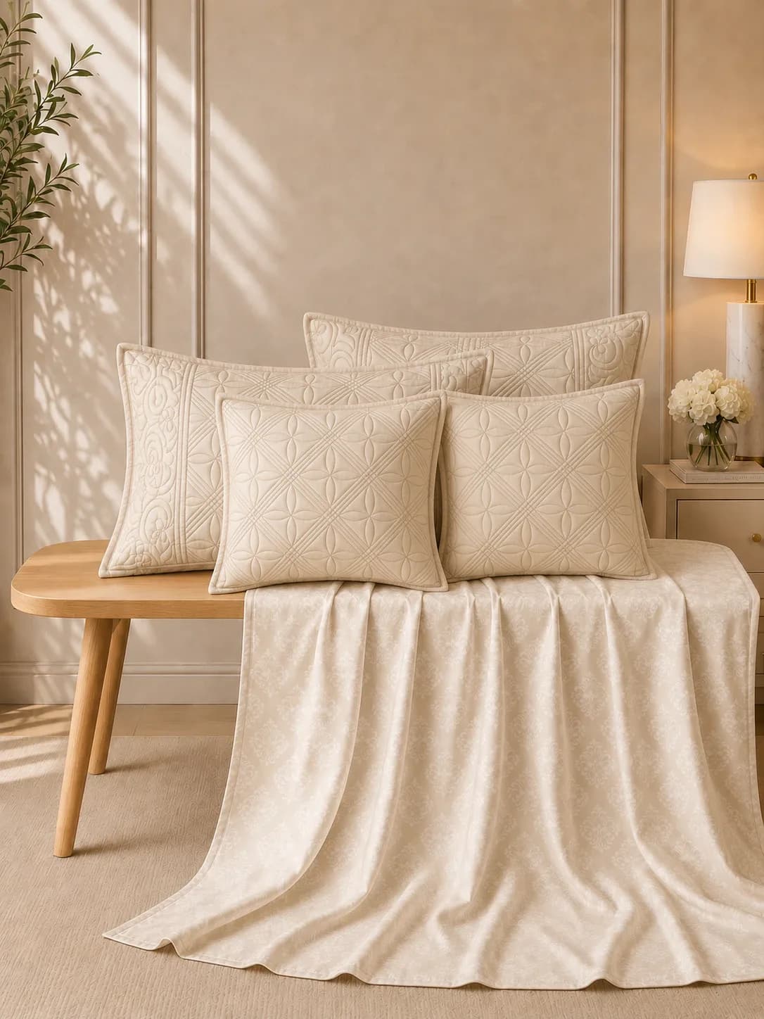 Anokhi 5 Piece Hand Quilted Luxury Bedding Set | 108x108 Inches bedsheet | 19x29 Hand Quilted Pillow Covers | 16x16 Inches Hand Quilted Cushion Covers