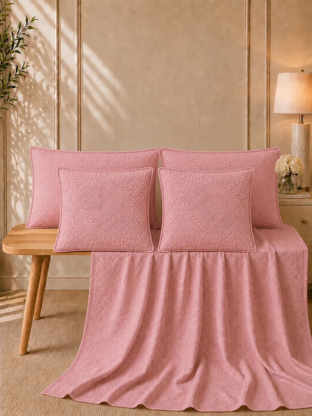 Anokhi 5 Piece Hand Quilted Luxury Bedding Set | 108x108 Inches bedsheet | 19x29 Hand Quilted Pillow Covers | 16x16 Inches Hand Quilted Cushion Covers