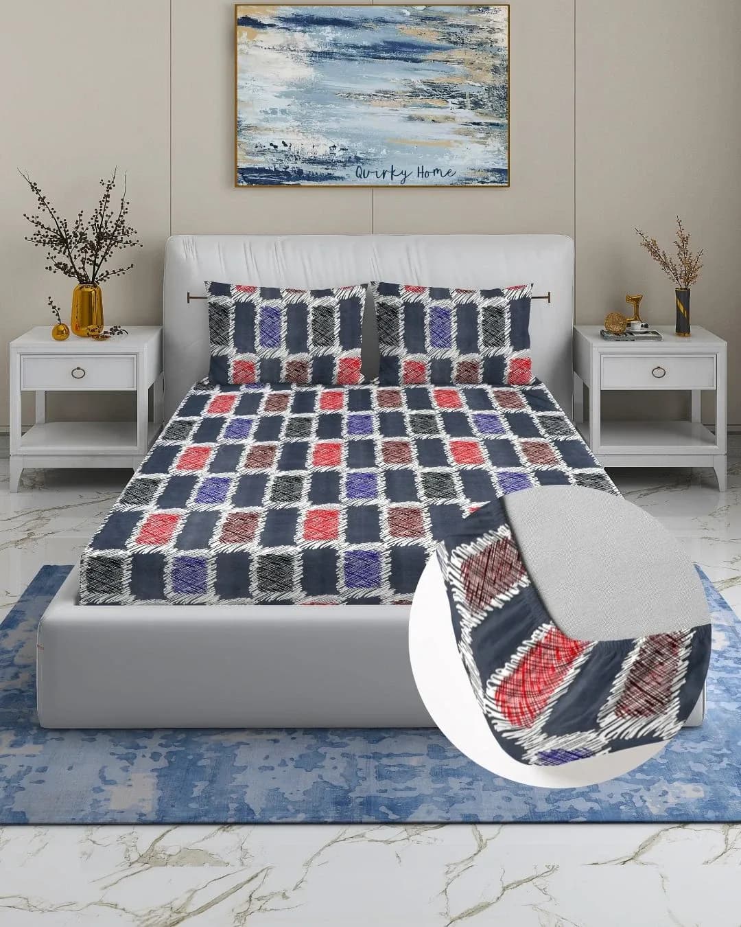 Fantasy Fitted Queen Bedsheet with 2 Pillow Covers | 72x78 Inches fitting upto 8 Inch mattress| Cotton Rich
