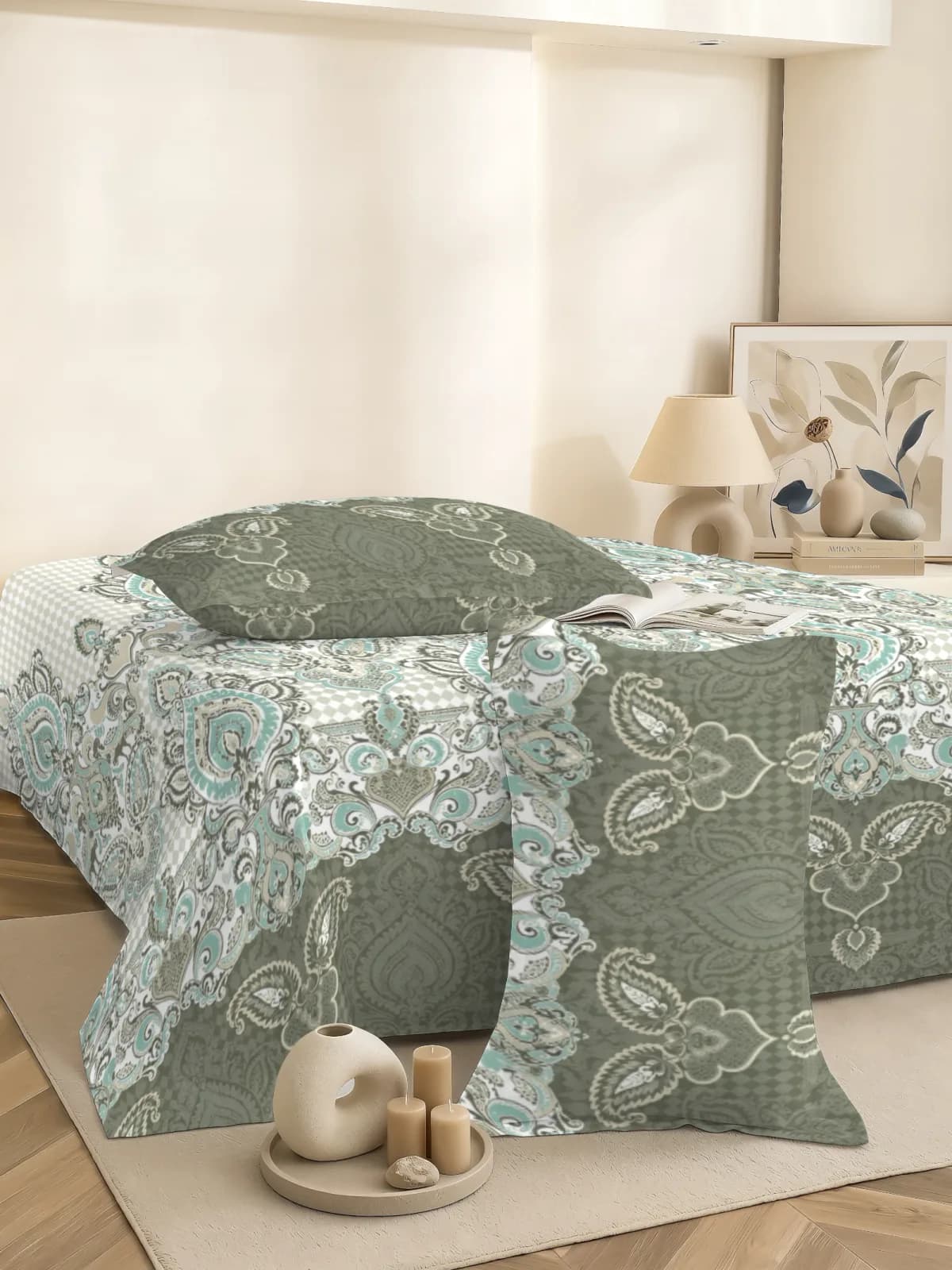 QHxHOMCOT Mughal Prints 100% Pure Cotton King Bedding Set | 108x108 Inches | Olive Green