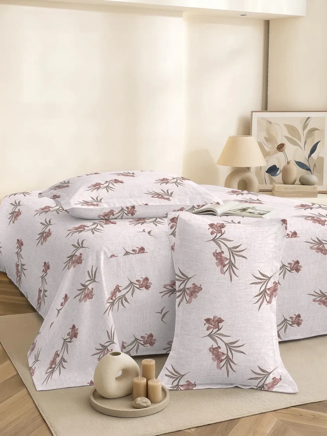 QHxHOMCOT Serene Rose 100% Pure Cotton Percale Queen 3Pc Bedding Set | 90x100 Inches