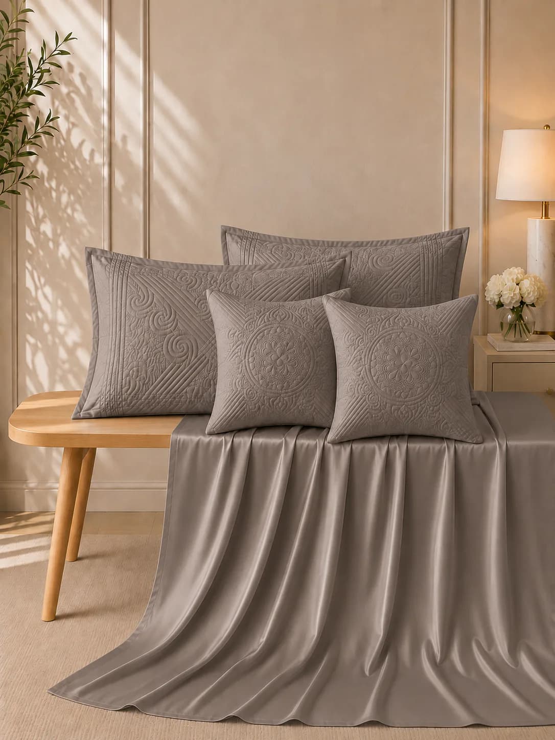 Nakshi Hand Quilted 300TC Cotton Satin Super King Bedding Set (Taupe) - Five Piece Set